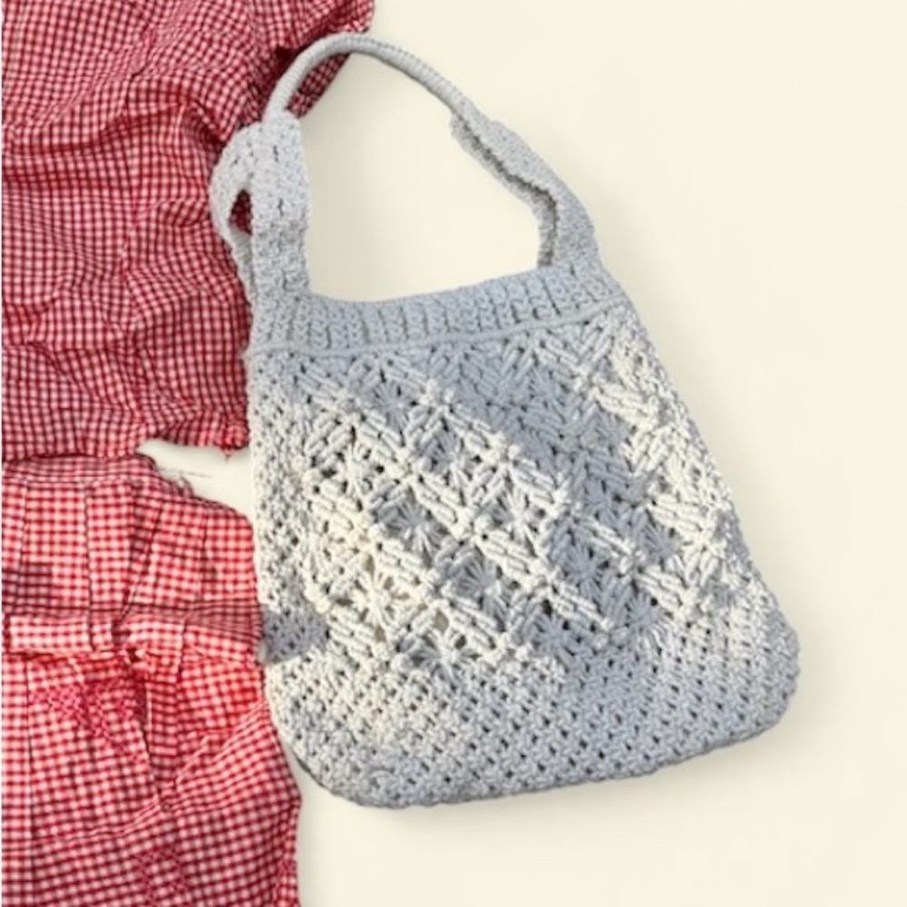 Vintage Handwoven Cream Crochet Shoulder Bag Summer Tote